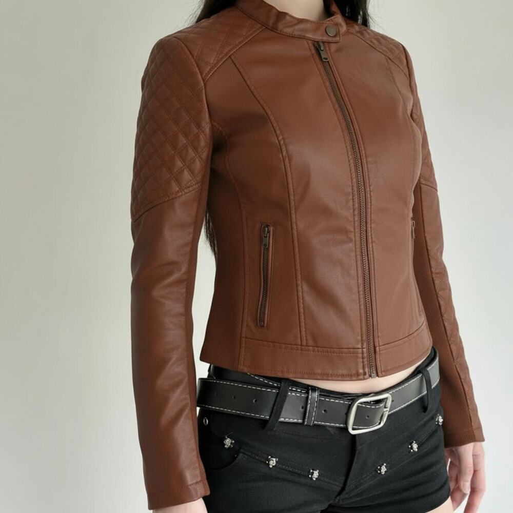 Indie Sleaze Fitted Brown Moto Jacket Racer Cyber Y2K